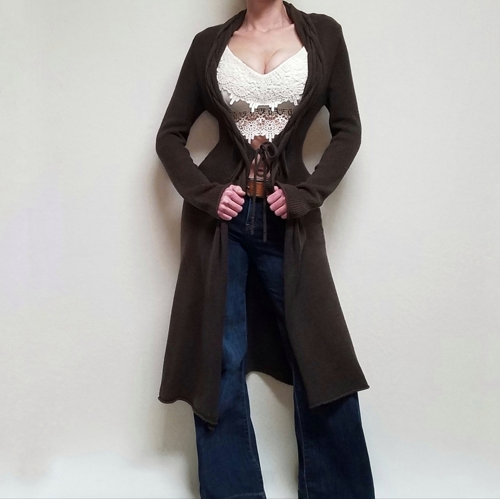 Rare Vintage 90s Max Studio Chocolate Brown Braided Detail Maxi Duster Cardigan - Picture 2 of 14